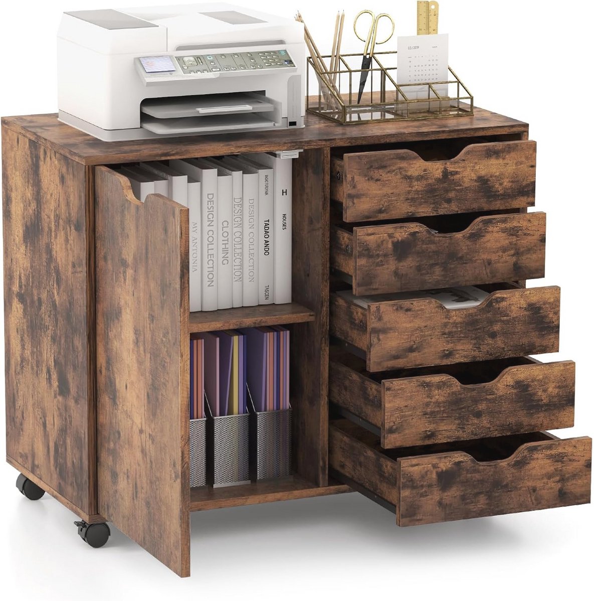 Rolcontainer met wieltjes en 5 laden - Kantoorwagen, ladekast, en printerstandaard - Hout, Wit - 79 x 39 x 65 cm