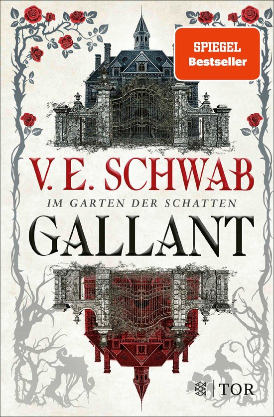 Boekomslag 'Gallant' met een gotisch landhuis met rode rozen en takken.