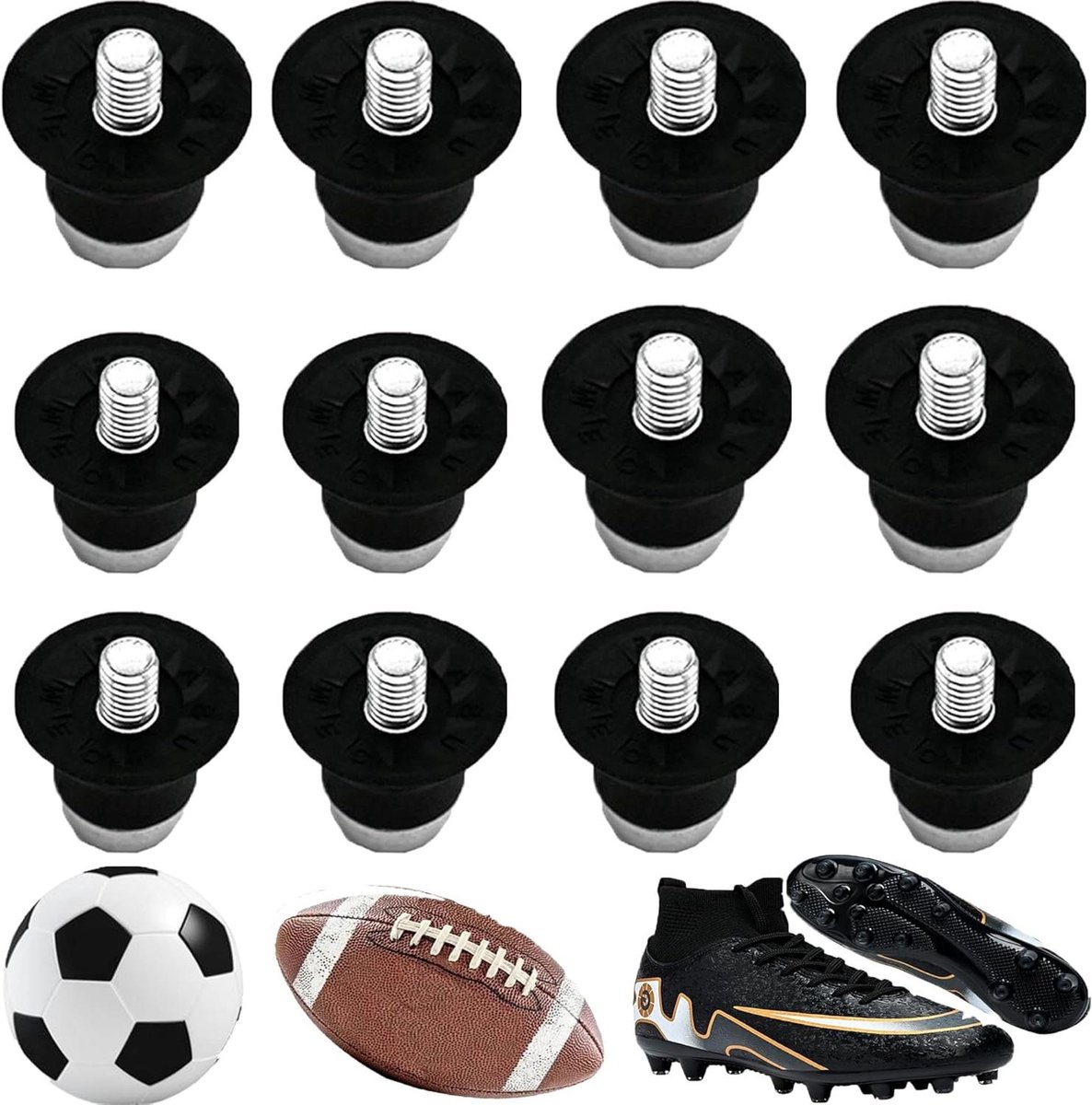 Set van 12 vervangende noppen voor voetbalschoenen, 2 maten, aluminium, met zwarte basis en metalen schroef.
