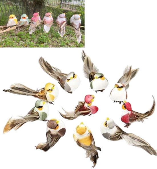 12 pièces Oiseau en mousse artificielle avec plumes - Mini ornement décoratif avec clip - Décoration de couronne de sapin de Noël - Décoration pour arrangements floraux - 10*3,5*5 cm - Convient pour la décoration de Noël - Wit