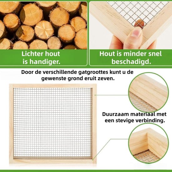 Details van een houten zeef met metalen gaas. Tekst: 'Lichter hout is handiger.' en 'Hout is minder snel beschadigd.'