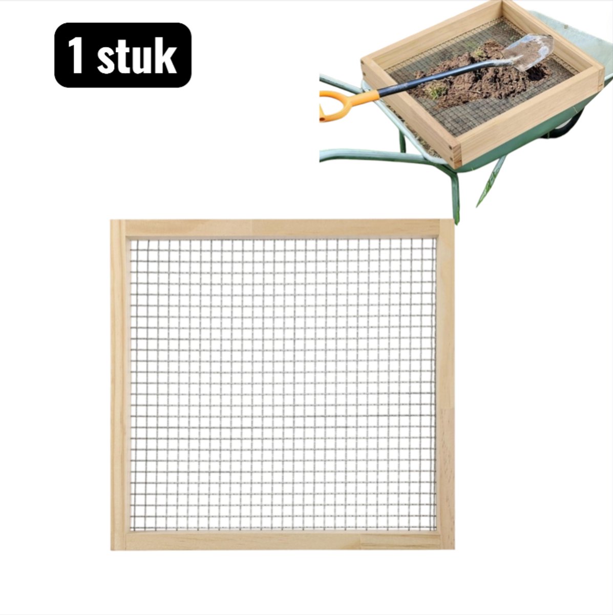 1 stuks - Grondzeven - Houten Tuinzeef voor Grond en Compost - 32x29cm - Met Verwijderbaar Fijnmazig Metaalgaas - Multifunctionele Zeef voor Zand, Steentjes en Aarde - Handmatige Bodemzeef - Zilve