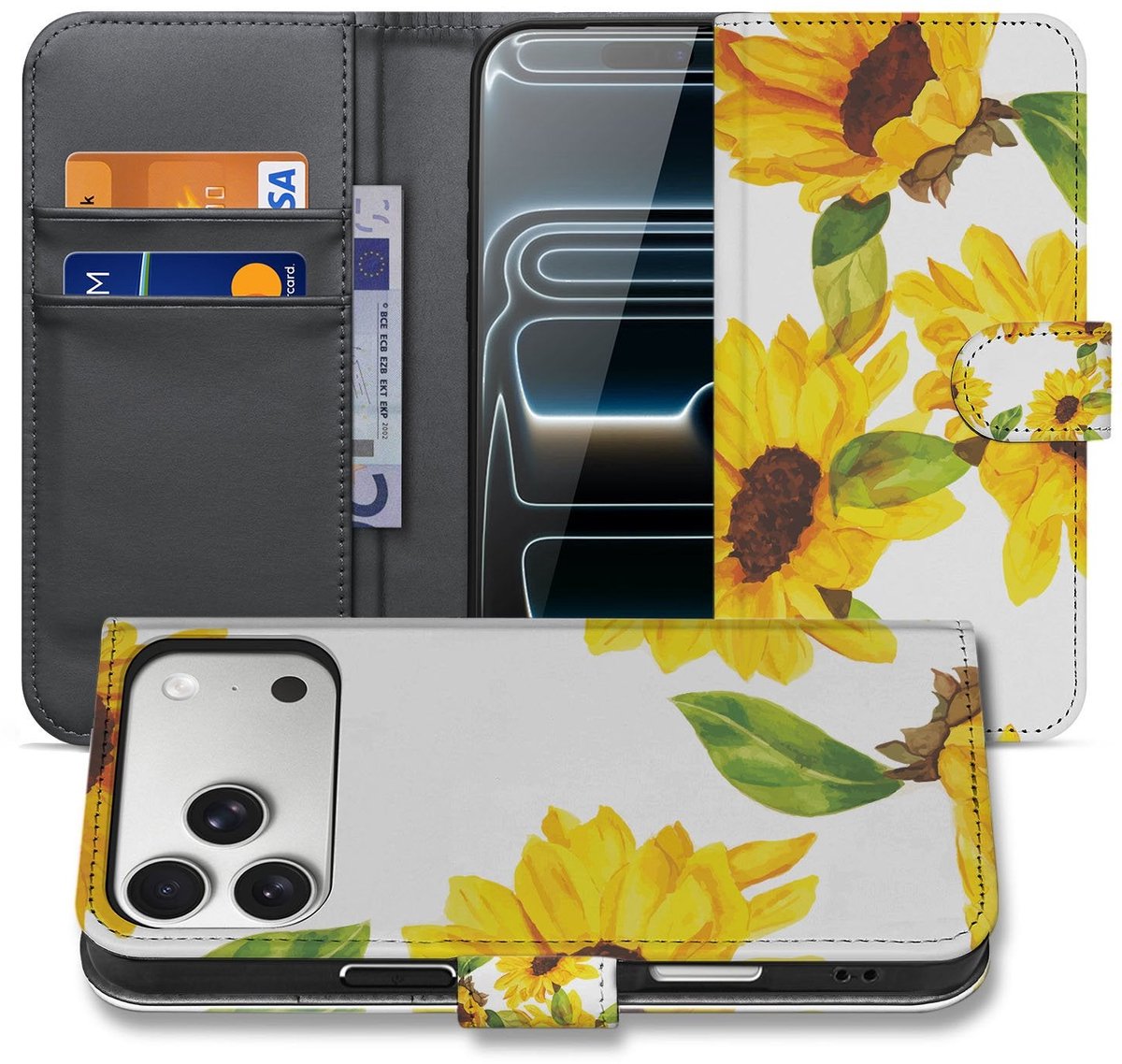 Apple iPhone 17 Pro Max Hoesje Zonnebloemen Wallet PU Leer 3 Pasjes