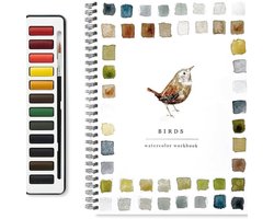 Omslag van Aquarel werkboek - Aquarel werkboek voor beginners - Aquarel Kleurboek voor beginnersvriendelijke schilderset - vogelthema - Cadeau voor volwassenen en tieners -Bevat 12 kleuren verf - Inclusief penselen - voor alle waterkleurliefhebbers