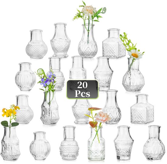 IMPERATORIS® Glazen Vazen / Glazen Flessen – Mini Decoratieve Vaas Flesjes – Helder Glas – Inclusief Strik – 20 Stuks – 4.8 x 4.8 x 8 cm – Transparant