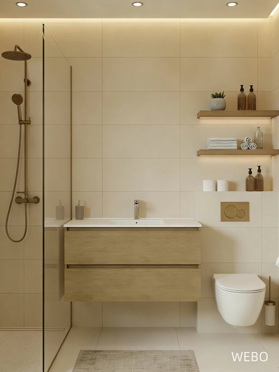 Salle de bain moderne avec meuble-lavabo en bois, douche, toilettes et robinetterie dorée.