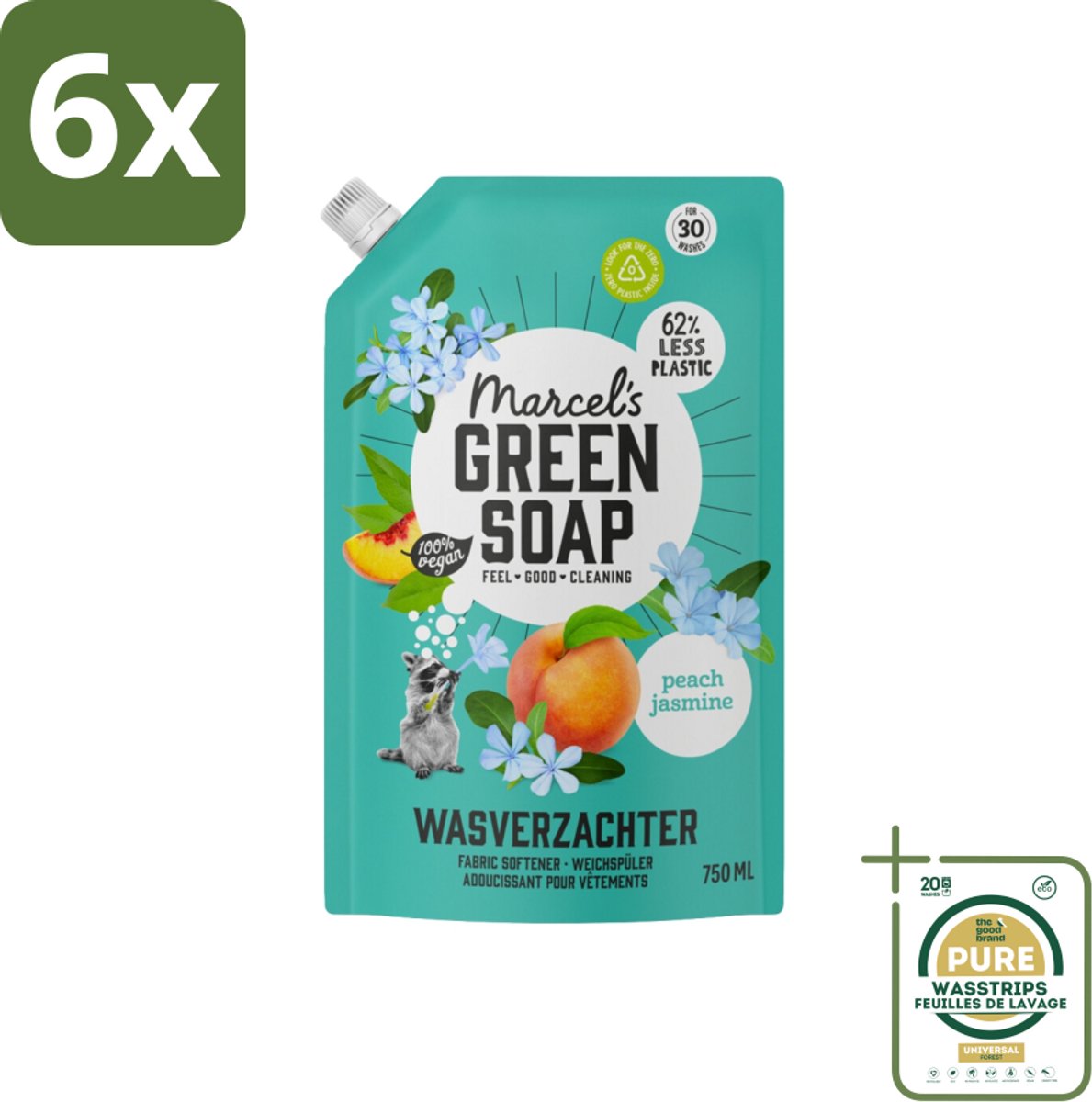 Marcel’s Green Soap – Wasverzachter – Peach & Jasmine Navulling – 750 ml - Voordeelverpakking - 6 stuks - Wasverzachter perzik en jasmijn - Wasverzachter voor kleding