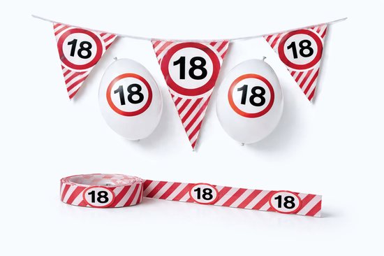 Décorations pour un 18e anniversaire : guirlandes, ballons et ruban de délimitation avec le chiffre 18, sur fond blanc.