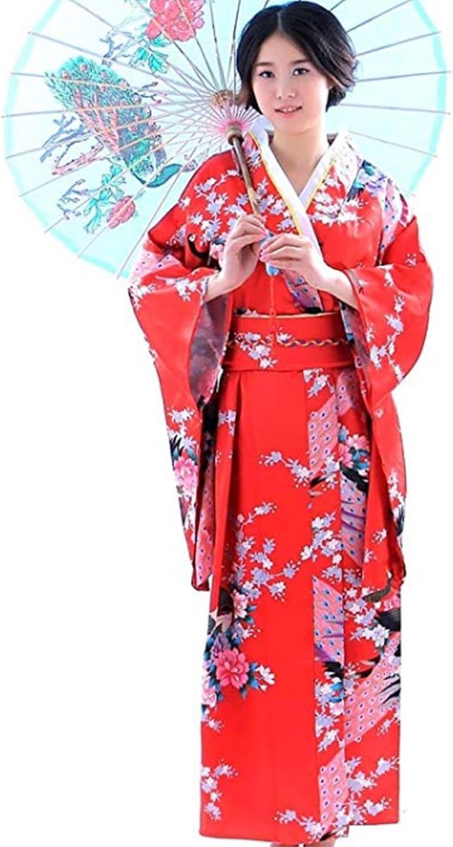 Lange Plus Size Kimono Robe voor Dames met Pauwprint - Japanse Stijl Nachtgewaad