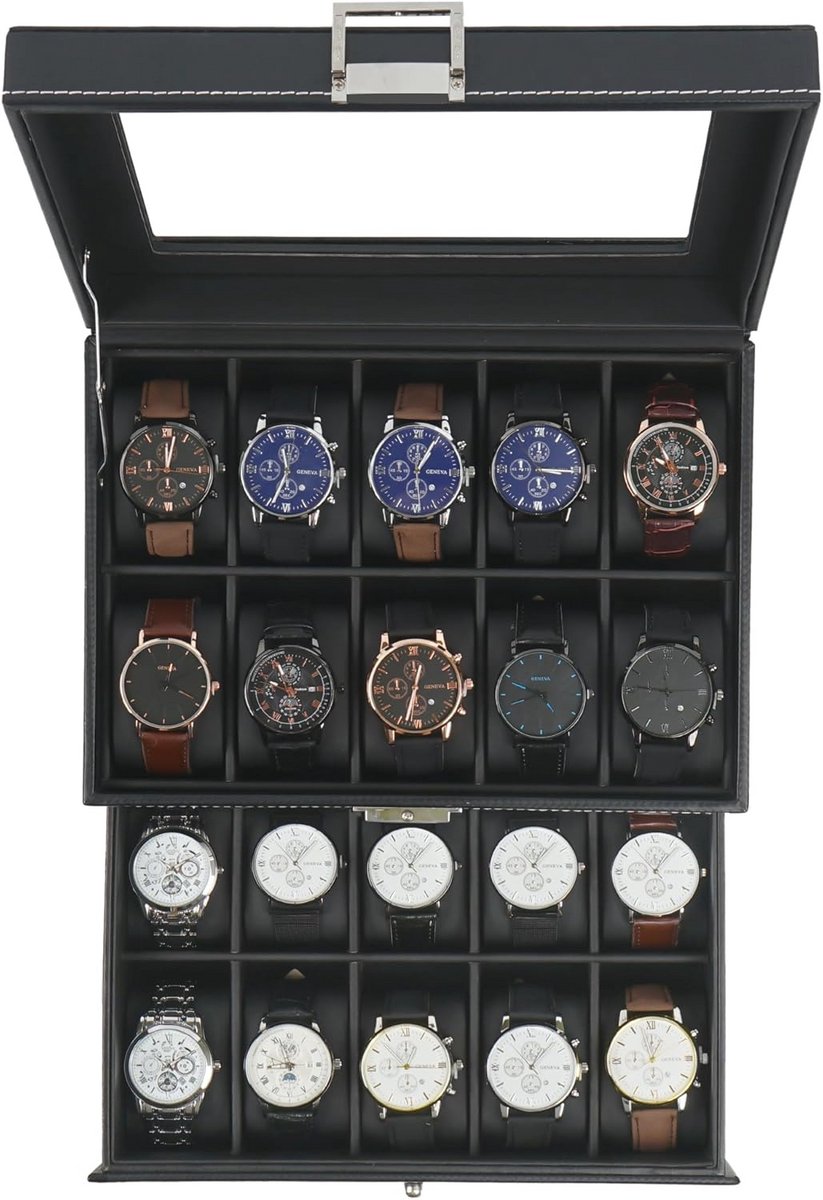 Kijkdoos met 20 Slots - Luxe Opberger voor Horloges met Glazen Deksel - 2 Laags, Lockable en Ruim