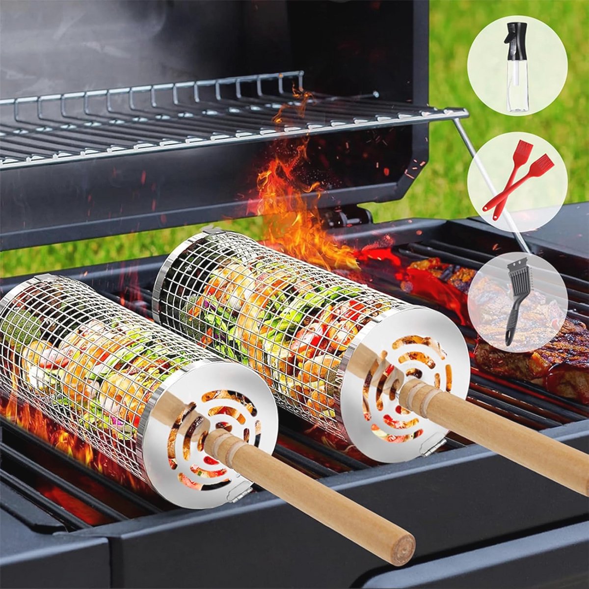 2-delige kogelgrillmand met houten handvat - Perfect voor buitenbarbecue