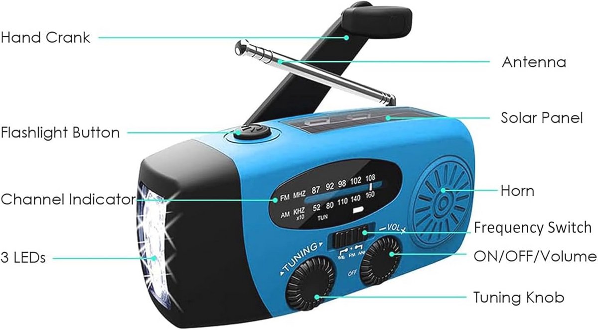 Zonne-energie en Zwengel Radio met LED Zaklamp en USB-oplader - Waterdicht voor Kamperen en Noodgevallen