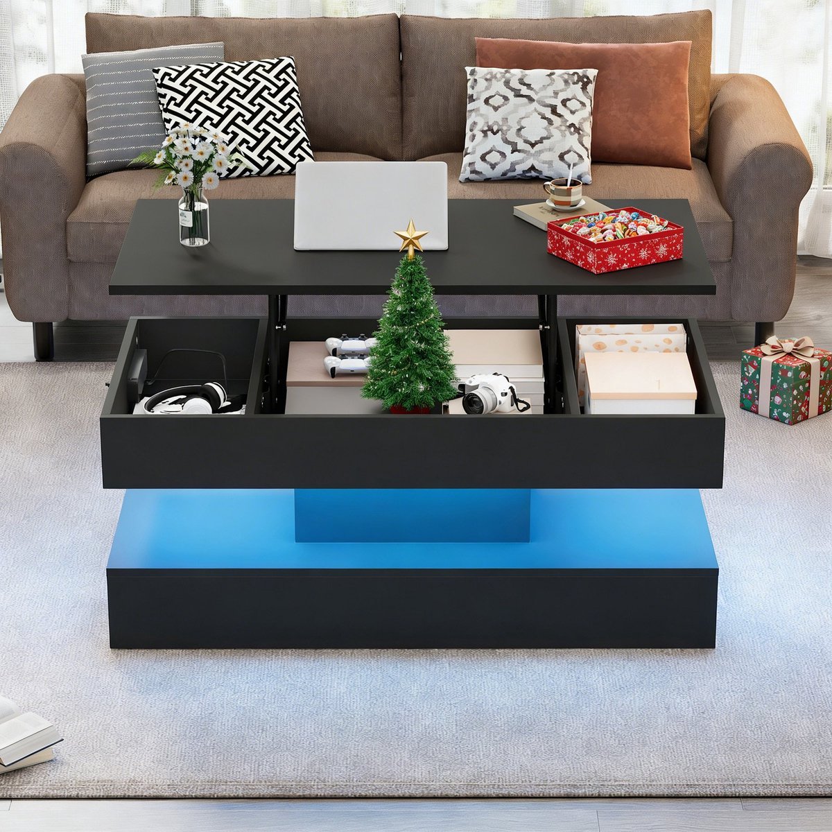 REDOM Salontafel 100x50x42 cm van spanplaat, modern met LED-verlichting, verstelbaar blad en opbergruimte Zwart