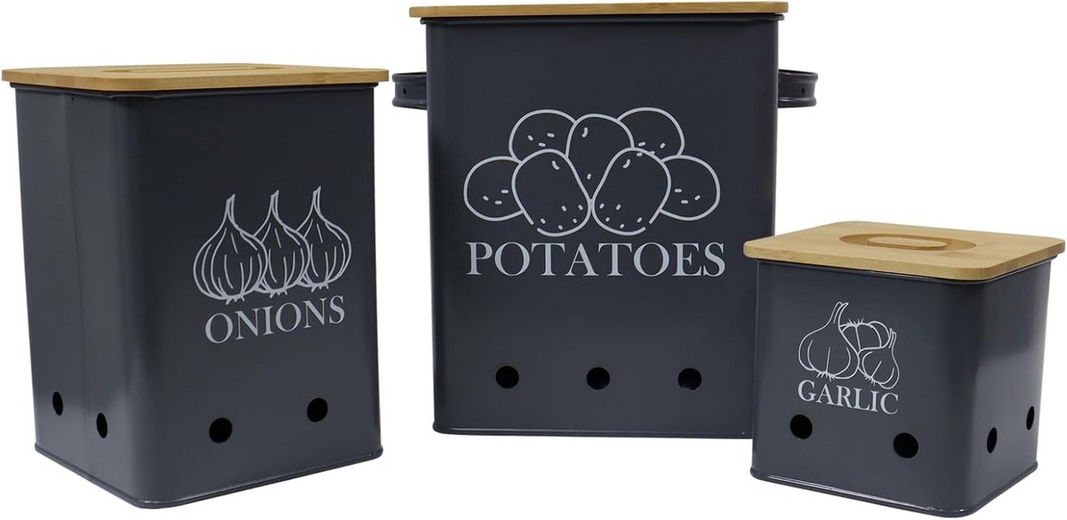Set van 3 Zwarte Opbergdozen voor Aardappelen en Uien met Houten Deksel