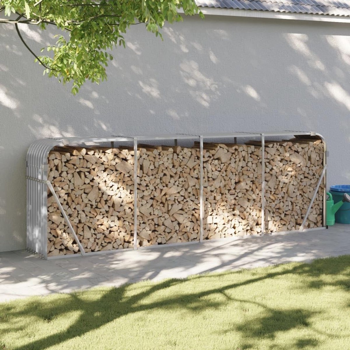 Houten Opslagrek voor Buitenshuis, Met Verzonken Stalen Afdekking, Ideaal voor Brandhout, Lichtgrijs, 300 x 45 x 100 cm