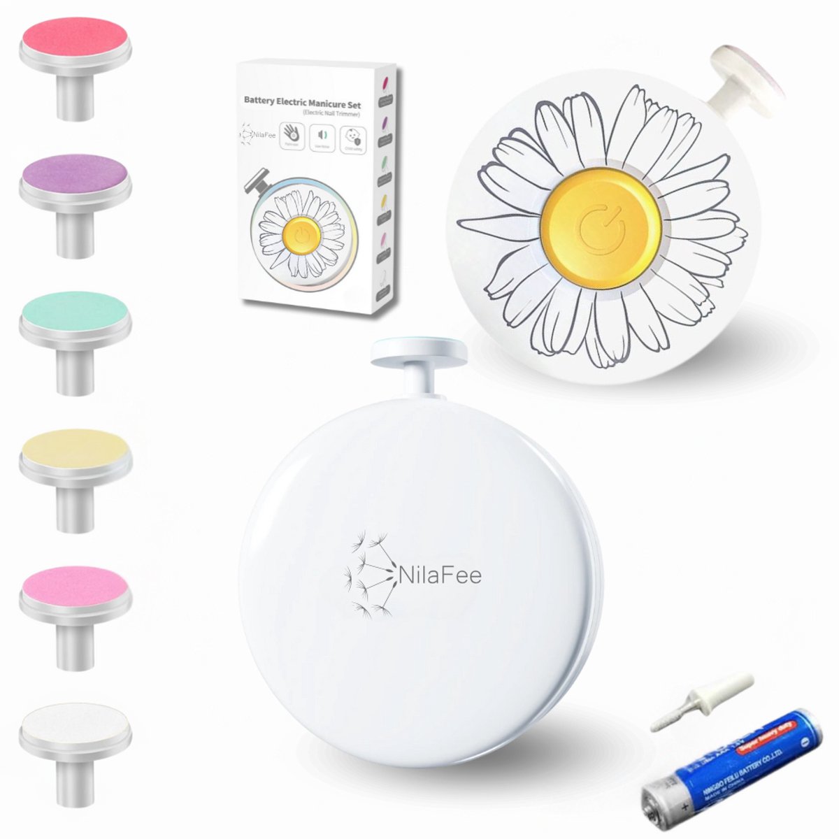 NilaFee® - Electrische Baby Nagelvijl - Inclusief Batterij - 7 Vijlen - Manicureset - Verzorgingsset - Nagelschaartje - Margriet