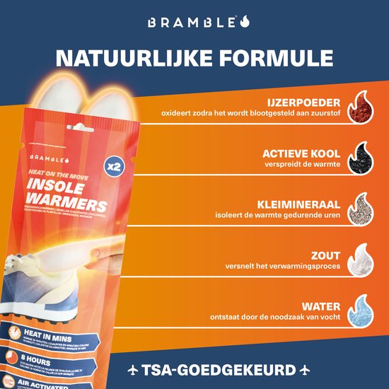 Bramble inlegzoolwarmers, 2 paar. Natuurlijke formule: ijzerpoeder, actieve kool, kleimineralen, zout, water. TSA-goedgekeurd.