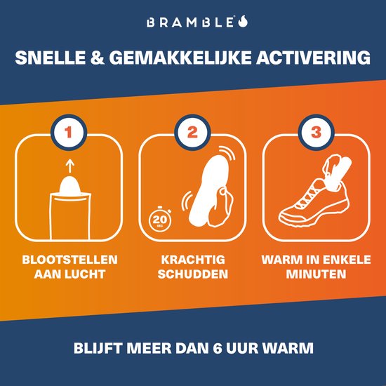 Instructies: 1. Blootstellen aan lucht, 2. Krachtig schudden, 3. Warm in enkele minuten. Blijft meer dan 6 uur warm.