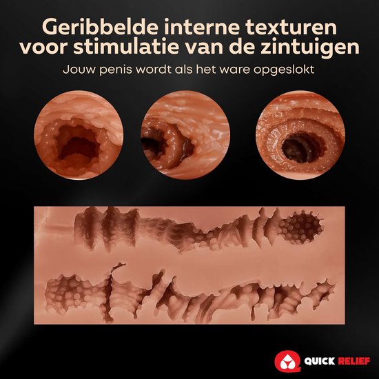 Close-up van geribbelde interne texturen in Quick Relief masturbator voor stimulatie.