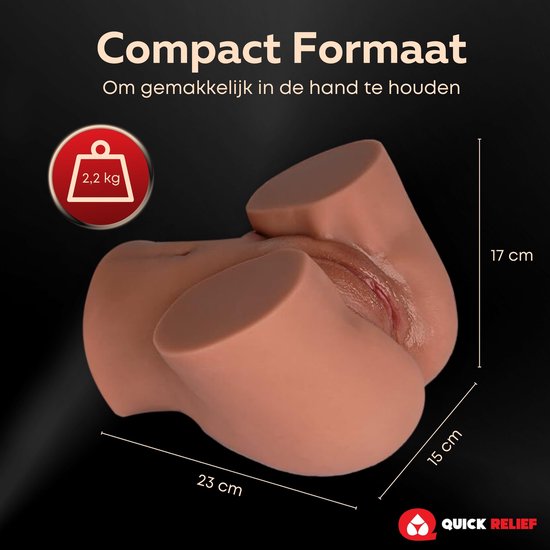 Compacte masturbator met afmetingen van 23x15x17 cm en een gewicht van 2,2 kg.