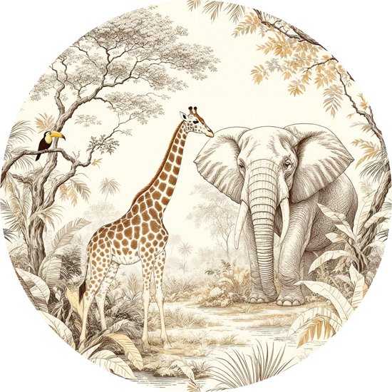 Little Livo - Muursticker Rond bébé/chambre d'enfant - Muursticker Animaux de la jungle - 120 cm x 120 cm - PVC Autocollant - Décoration Murale
