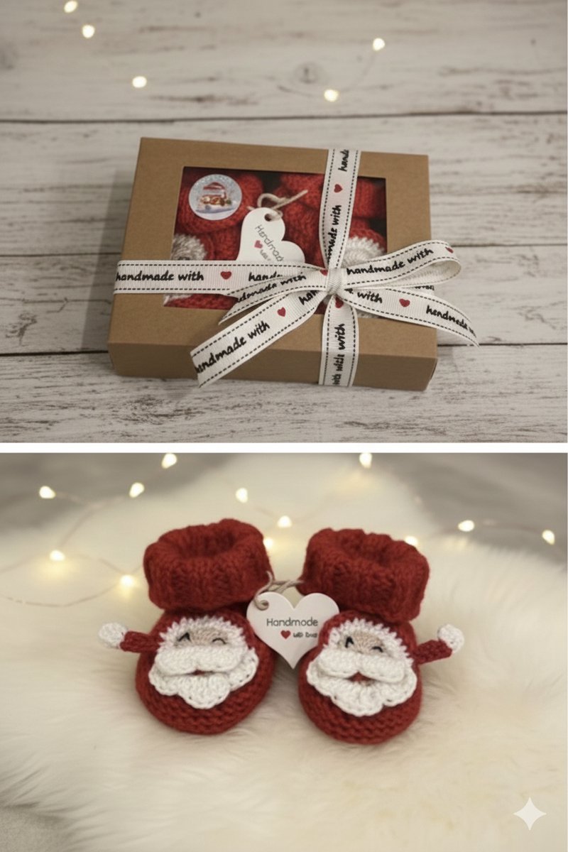 Maminobaby.nl baby geschenkset meisjes/jongens | Handgemaakt | Gehaakte Babyslofjes | Kerstman | Kraamcadeu | Babyshower | Kerstcadeau