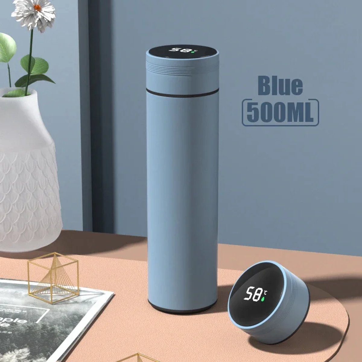 Thermos Smart Serie - Thermosbeker met Temperatuurdisplay - RVS - Blauw - 500 ml Inhoud