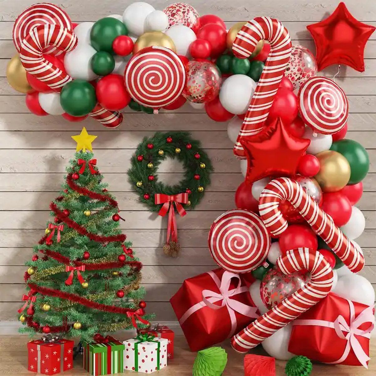 Kerst Ballonnenboog Set 126 Stuks – Rood Groen Wit Goud – Inclusief Ballonketting & Accessoires – Kerst Ballonnenset