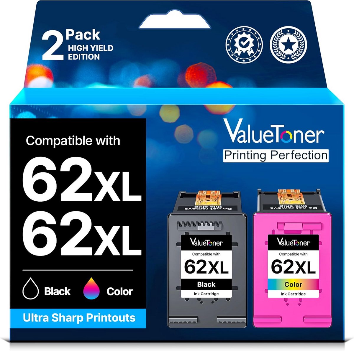 2-Pack Zwarte Inktcartridges Compatibel met 62XL 62 voor OfficeJet en Envy Printers