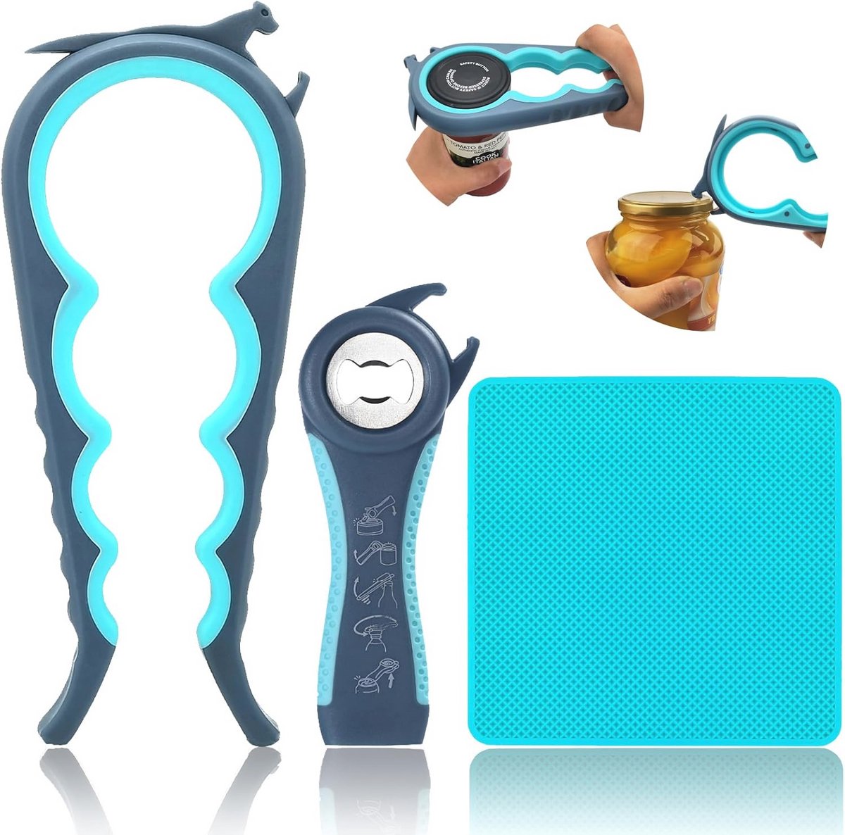 6-in-1 Potopener en 5-in-1 Flesopener voor Senioren en Kinderen in Blauw en Grijs