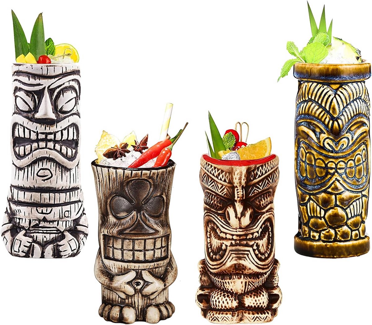 Set van 4 Keramische Tiki Mokken voor Tropische Cocktails | Hawaii Warme Drankbekers
