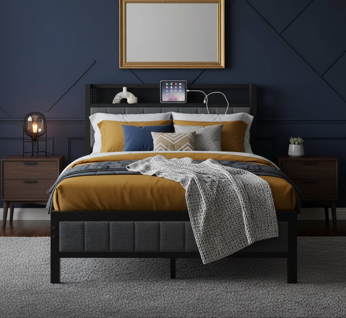 Bedframe 120x200 met Hoofdbord & Oplaadstation – Metalen Bed met USB & Stopcontact, Lattenbodem, Opslag, Stil & Extra Stevig – Jeugd / Tiener / Volwassen Bed – Donkergrijs – House&Garden