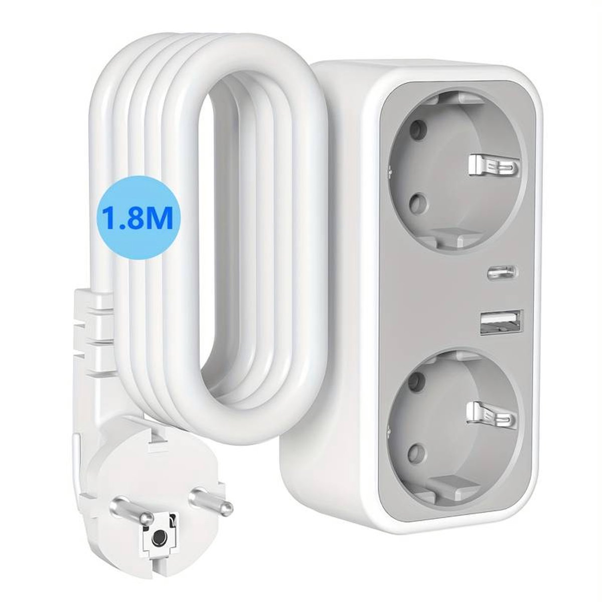 4-in-1 EU Stekkerdoos met 2 Stopcontacten, USB-A & USB-C – 1,8 m Verlengsnoer – Compact Oplaadstation voor Thuis, Kantoor & Reizen