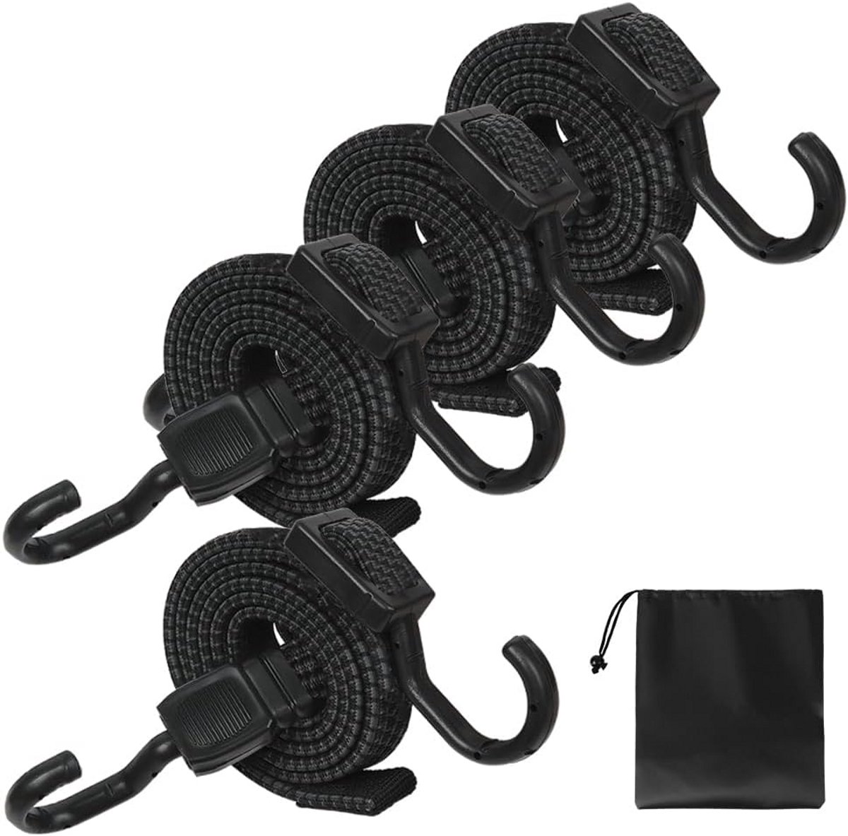 Set van 4 Verstelbare Spanbanden met Haken, 100 cm Elastisch Bagageriemen voor Dakkoffer en Fiets