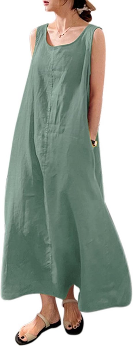Mouwloze Katoenen Zomerjurk Dames Casual Lange Strandjurk met Zakken