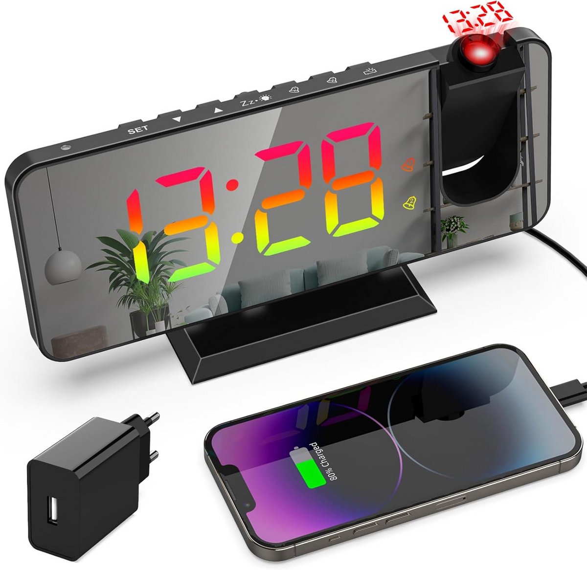 Digitale Wekker met Projector, 11 Kleuren, Dimbare Display en Dubbel Alarm