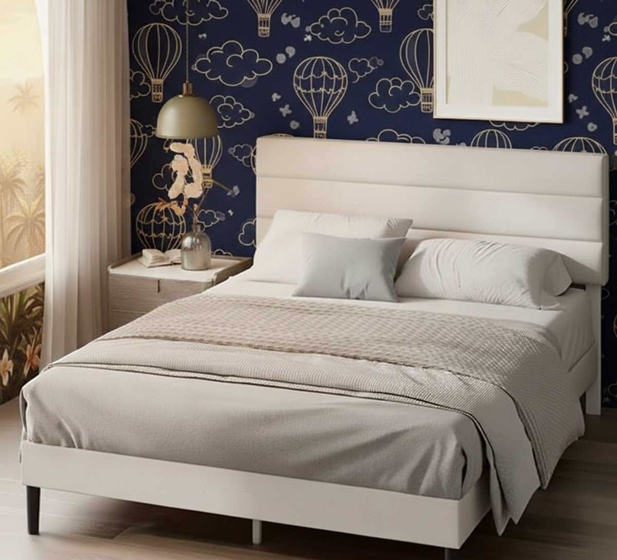 Bedframe 140x200 Met Hoofdbord – Luxe Gestoffeerd Bed Met Houten Lattenbodem – Stevig Metalen Frame – Modern Comfortabel Design – Off-White – House&Garden
