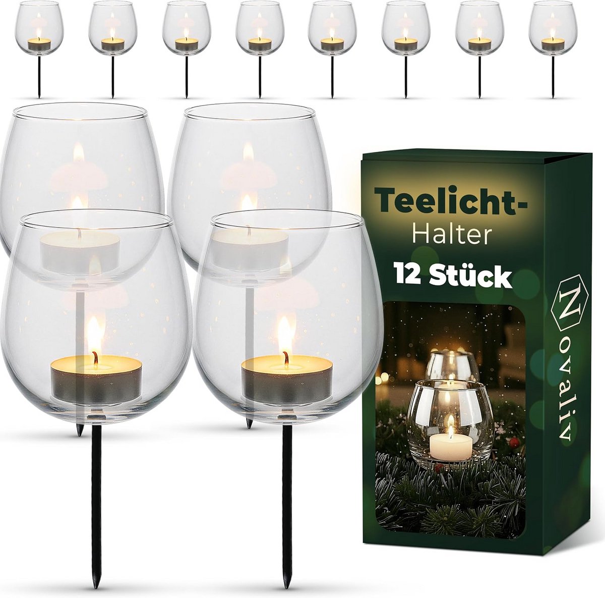 12x Doorschijnende Glazen Waxinelichthouders voor Adventskrans en Kerst, 6 cm