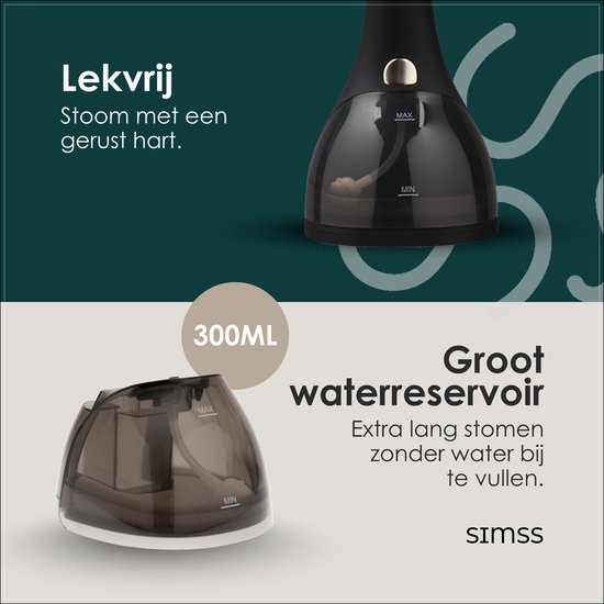 Simss® - Kledingstomer - Krachtige Handstomer voor Kleding en Meubilair - Stoomapparaat met 3 Opzetborstels - Snelle opwarmtijd - Inclusief Warmtebestendige Handschoen - 1500W - 300ml - Steamer - Elegant design - Mat - Zwart