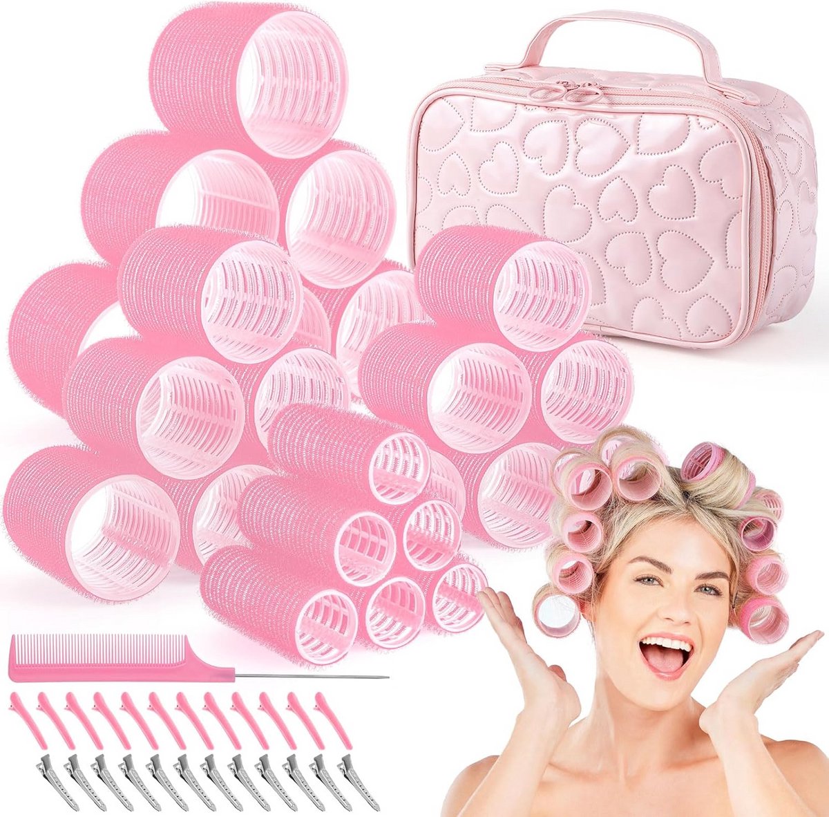 Haarrollers Set 50 Stuks Met Clips, Kam & Make-up Tas - 4 Maten Voor Volume Krullen