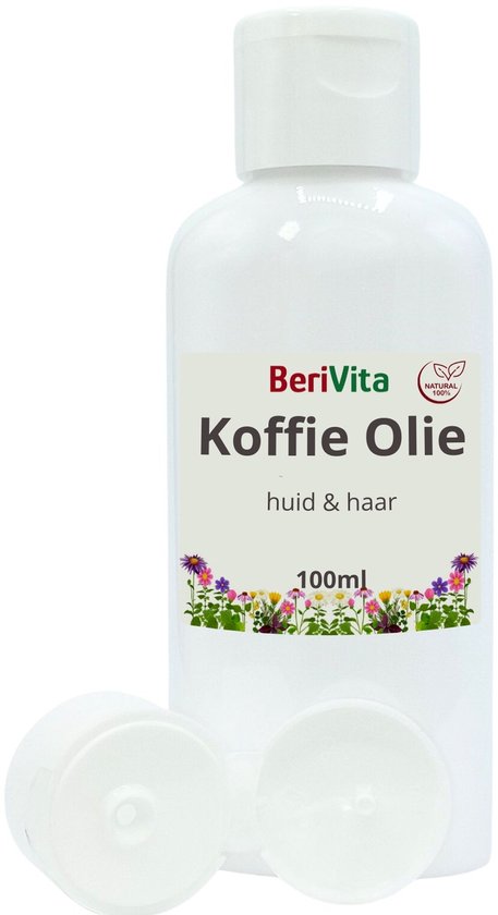 Witte fles met label 'Koffie Olie huid & haar 100ml' en bloemenprint.