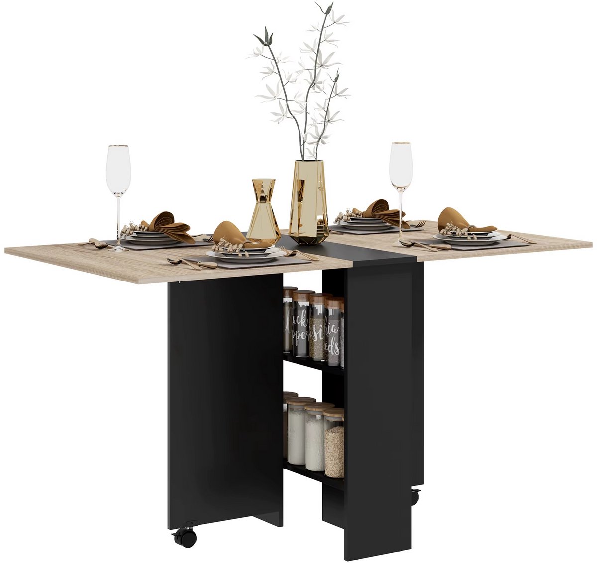 Opvouwbare Eettafel met Inklapbare Vleugels – Klaptafel 75x140x74 cm – Houten Tafel in Naturel & Zwart – Ruimtebesparende Keukentafel