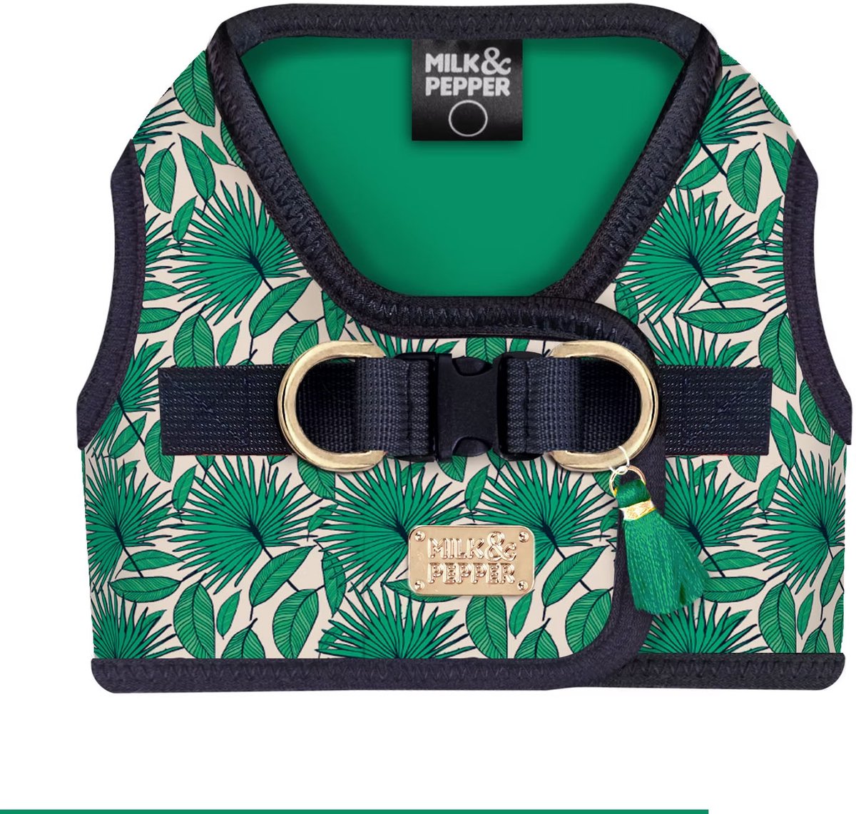 HONDENJAS / HARNAS/ HONDENTUIGJE MILK & PEPPER® MAYA GROEN MET PALMBLAD-MOTIEF MAAT 32