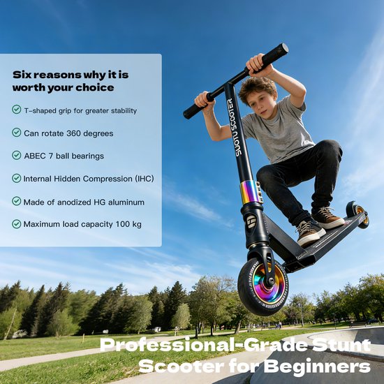 Suotu Stuntstep - Step - Kinderstep - Silent axle - Speelgoed Jongens/Meisjes - Maximale stuurhoogte: 78 cm - Aluminium - Zwart/NEO