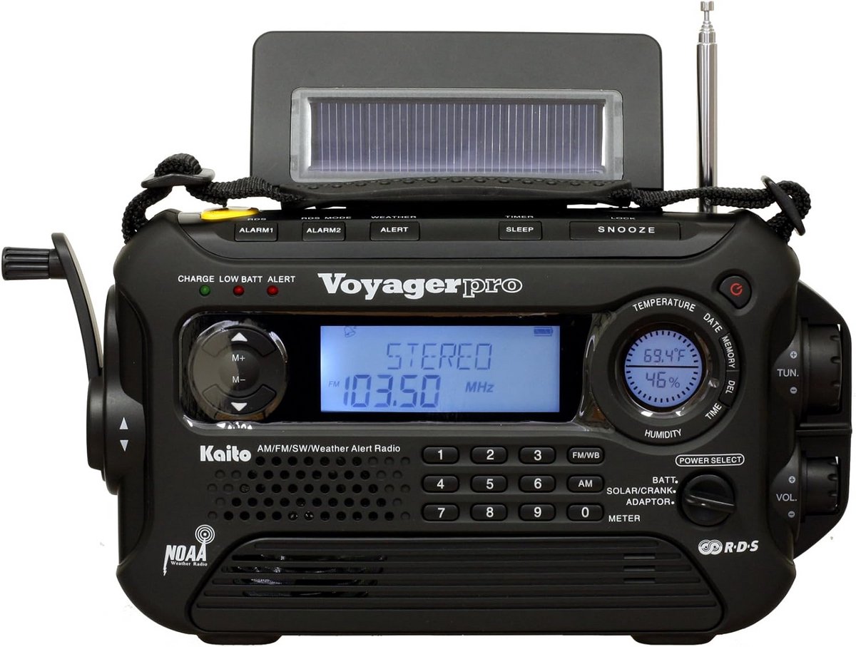 Noodradio met Zonnepaneel en Dynamo voor AM/FM/LW/SW & Weeralarm