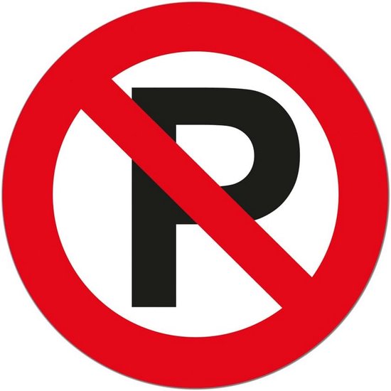 Panneau de signalisation rond avec une bordure rouge et une barre diagonale noire sur un 'P' noir.