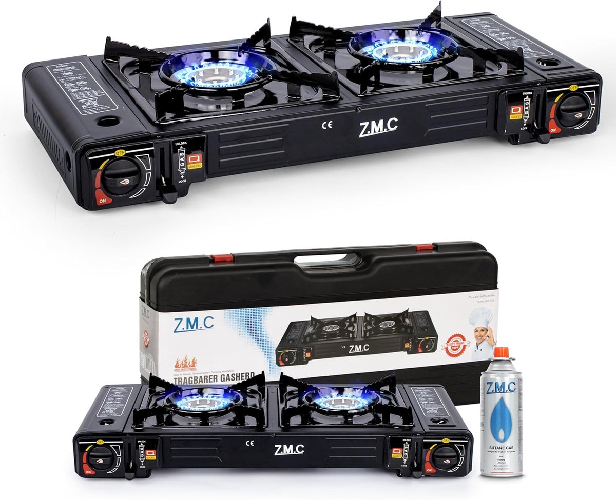 ZMC Campinggasfornuis 2-pits 2,5 kW incl. adapter voor LPG-aansluiting + opbergkoffer Campingfornuis met gaspatronen, met piëzo-ontsteking, voor gebruik binnen en buiten - Gasfornuis met 12 gaspatronen