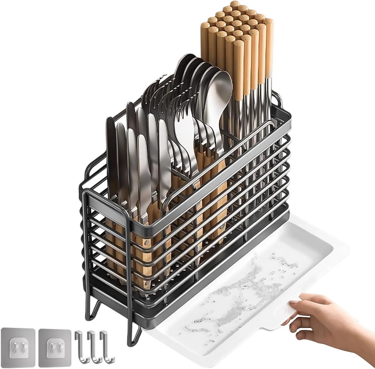 Keukengerei Opbergrek met Lepelhouder en Bestekbak voor Aanrecht of Wandmontage