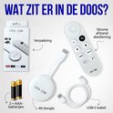 Inhoud van de doos: CASA LUMA 4K TV-dongle, slanke afstandsbediening, USB-C-kabel, 2x AAA-batterijen en verpakking met WiFi 6 en Netflix-logo's.
