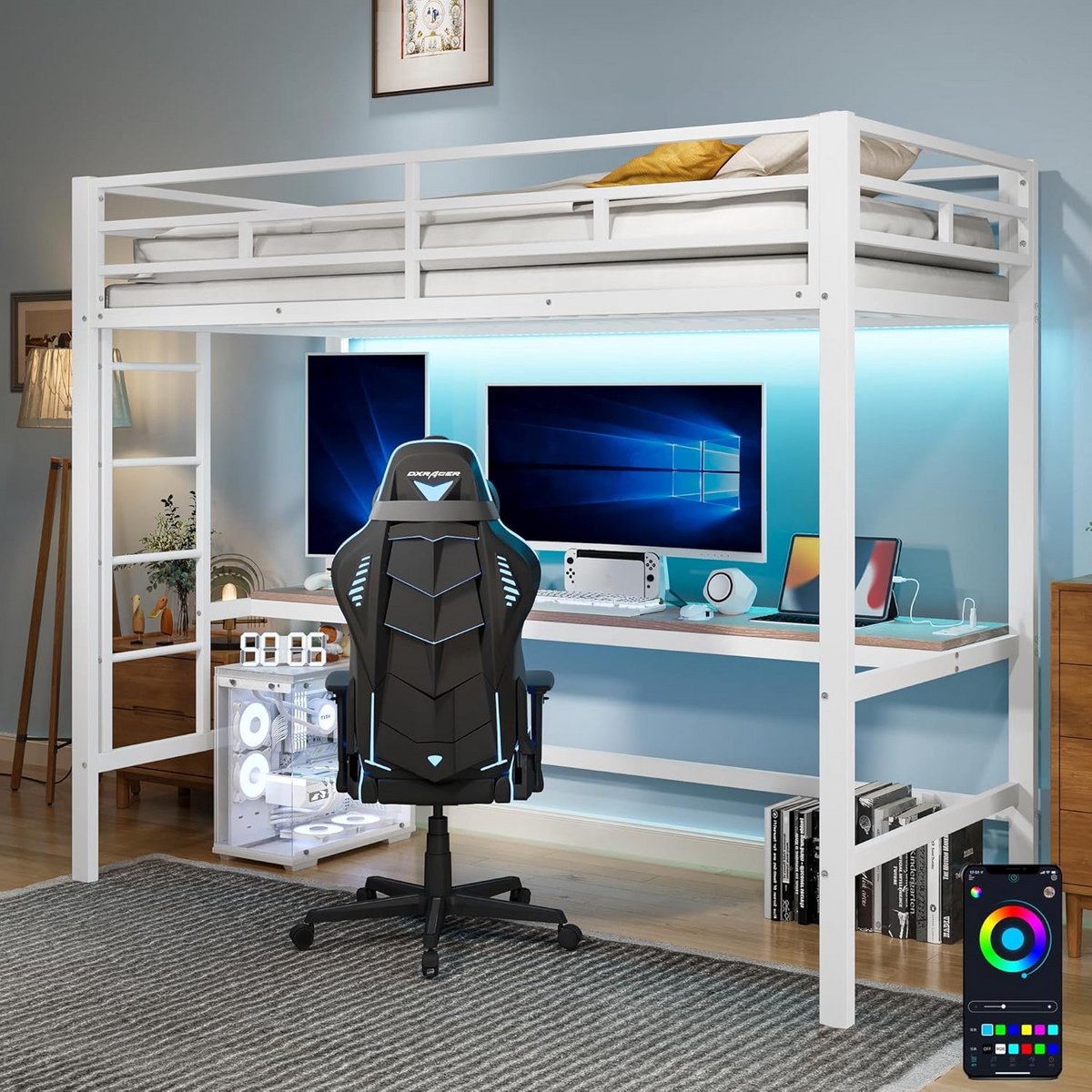 Hoogslaper 90x200 cm met LED en USB-poort, Kinder- en Tienerbed met Ladder